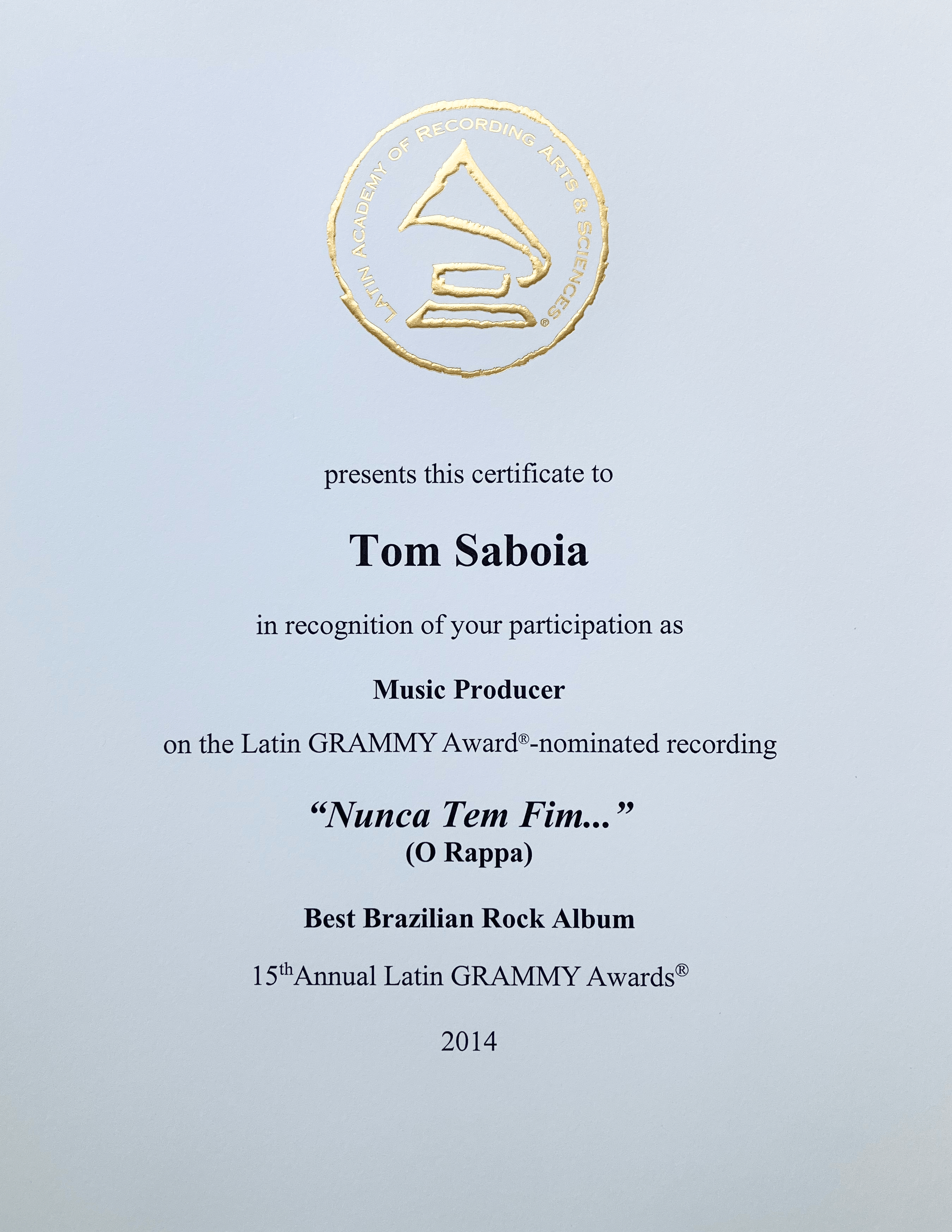 Certificado de indicação ao Latin Grammy de Tom Saboia